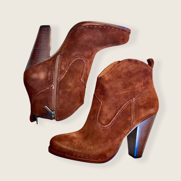 Frye Madeline Short Dark Brown Suede Zip Up Southwestern Heeled Pointy AnkleBoot - Picture 15 of 16